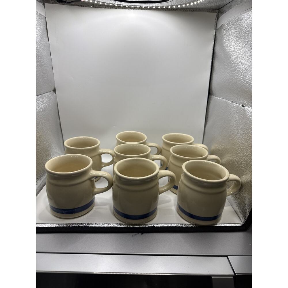 Vintage Roseville Pottery Friendship Coffee Mugs Cups with Blue Stripe~set Of 8